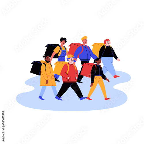 Flat illustration of a crowd of diversed food delivery people with thermobags