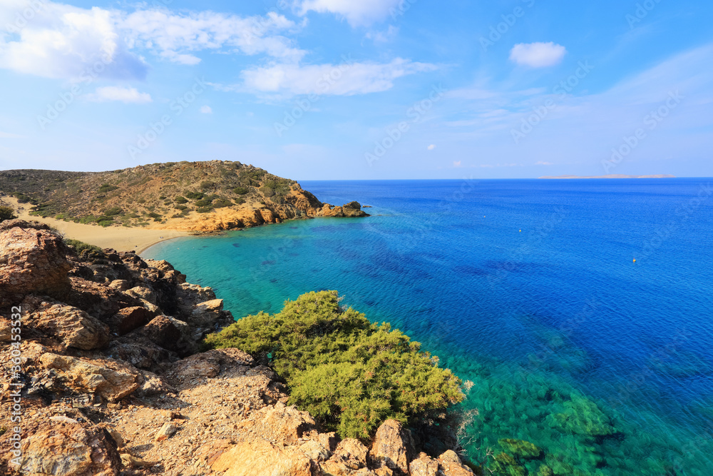 Island Crete, Greece. Empty beach with no travellers and tourists. Beautiful summertime view seascape. 2020 summer travel. Vacation cancellation, closed beaches. Romantic relax places. Island Crete, Greece. Empty beach with no travellers and tourists. Beautiful summertime view seascape. 2020 summer travel. Vacation cancellation, closed beaches. Romantic relax places.