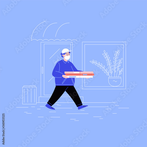 Delivery guy on his way to a client with three pizza boxes walking down the street wearing medical face mask