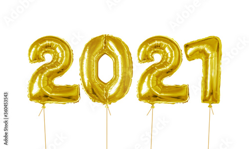 Golden helium balloons. 2021 number of gold foiled balloons isolated on white background photo