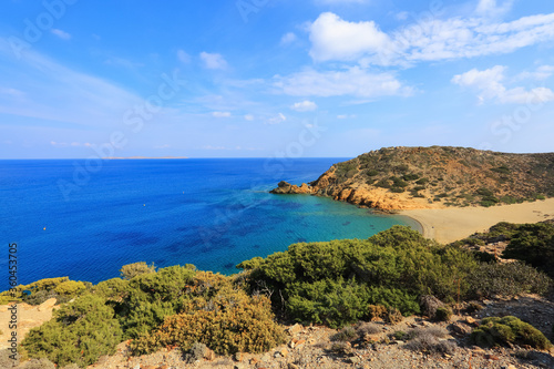 Island Crete, Greece. Empty beach with no travellers and tourists. Beautiful summertime view seascape. 2020 summer travel. Vacation cancellation, closed beaches. Widescreen frame backdrop.