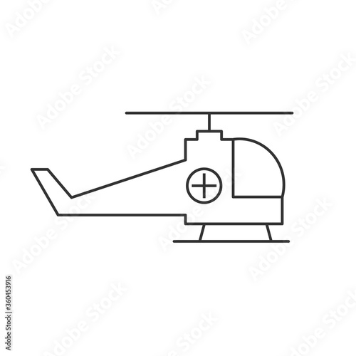 Emergency helicopter line icon. Air ambulance chopper for sick and wounded patients. Search and rescue team transport symbol. Black outline on white background. Vector illustration, flat, clip art.