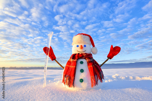 Snowman in santa hat and red scalf on snowy field. Beautiful winter sunset background. Merry christmas and happy new year. Widescreen frame backdrop. photo