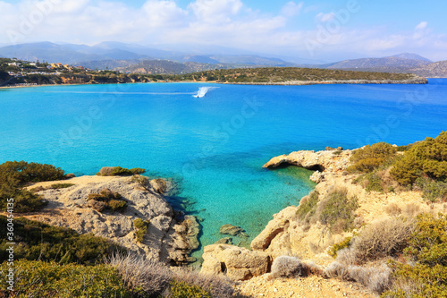 Island Crete, Greece. Empty beach with no travellers and tourists. Beautiful summertime view seascape. 2020 summer travel. Vacation cancellation, closed beaches. Romantic relax places.
