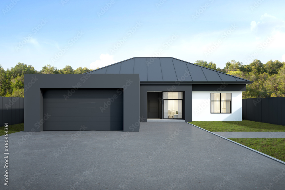 Modern house with garage on tree background, Australian style. 3D render. Modern house with garage on tree background, Australian style. 3D render.