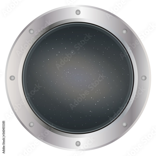 A high quality of dark silver spaceship window porthole with space, dark grey sky and stars vector. Illustration. 