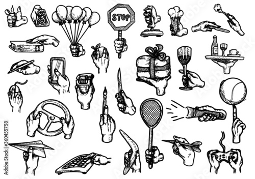 Hands with different tools and stuff, handdrawn useful doodles of hand holding: baloons, cellphone, wheel, glass, ice, fork, lighter, paper plane, boomerang, keyboard, gamepad, bible