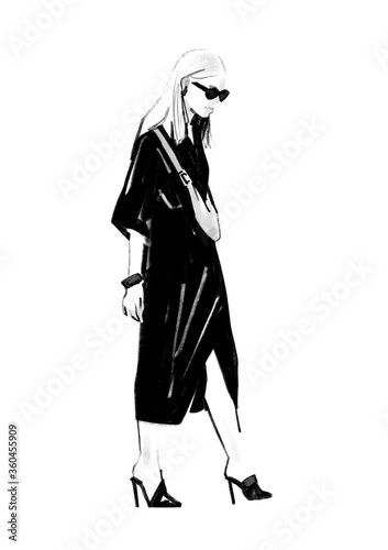 Fashion illustration of a woman in black dress (ID: 360455909)