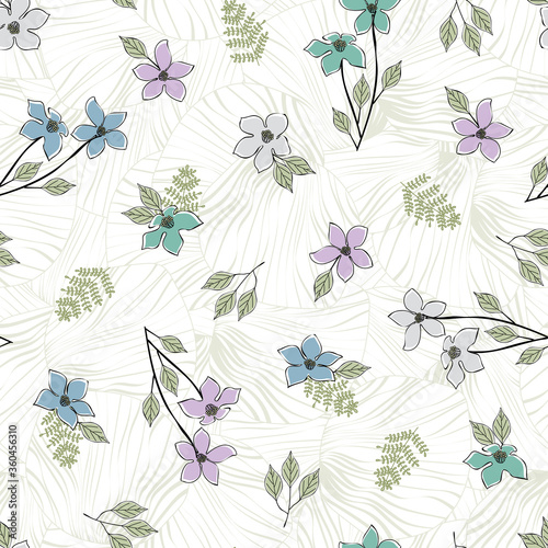 Vector Flowers in Blue Gray Pink Aqua with Green Leaves Arranged on White Background Seamless Repeat Pattern. Background for textiles, cards, manufacturing, wallpapers, print, gift wrap and