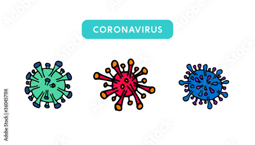 Coronavirus hand drawn icons, symbols vector illustration. Multiple Covid-19 bactery vector illustration.