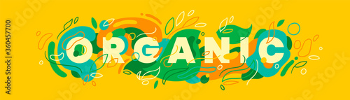 "Organic" caption banner design made of various abstract natural shapes in color. Vector illustration.