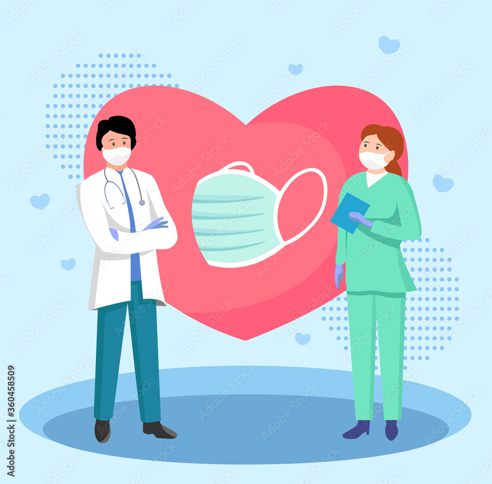 Obraz premium Vector illustration of a medical team and a heart and a medical antivirus mask