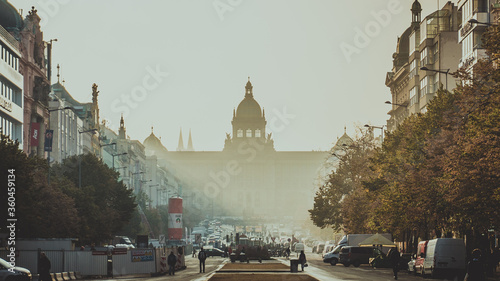 Sunny early morning at the Wenceslas Square in Prague