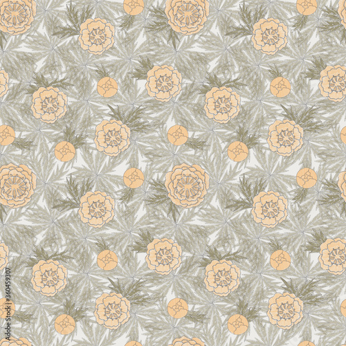 Seamless pattern on gray background with yellow globe-flowers and leaves