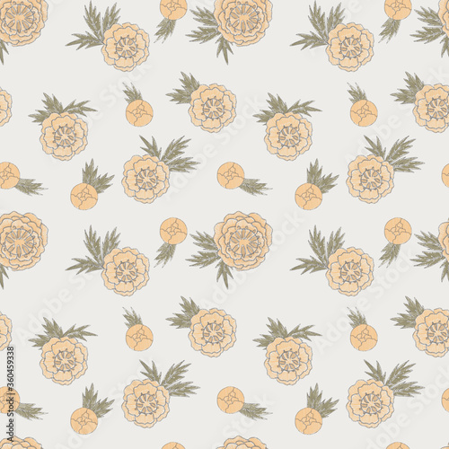 Seamless pattern on gray background with yellow globe-flowers and leaves