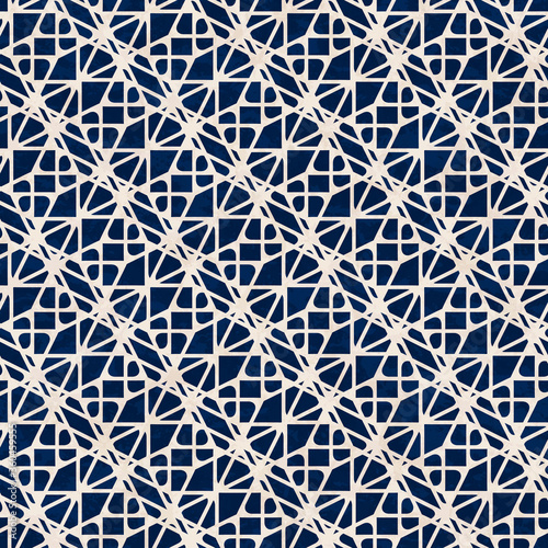 Abstract geometric wavy grid pattern, design in ink blue and beige colors, textured seamless vector illustration
