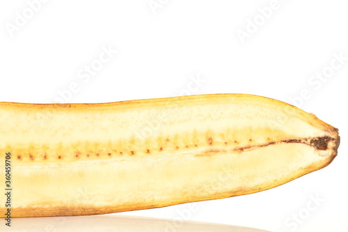 Yellow banana, macro, on a white background.