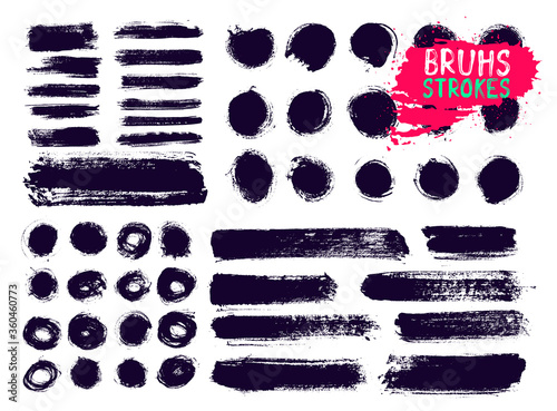 Set of different grunge brush strokes. Dirty artistic design elements boxes, frames. Hand drawn black ink brush strokes. Vector illustration. Isolated on white background.