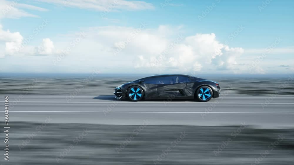 black futuristic electric car on highway in desert. Very fast driving. Concept of future. Realistic 4k animation.