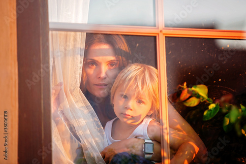 Child, toddler boy, looking through window