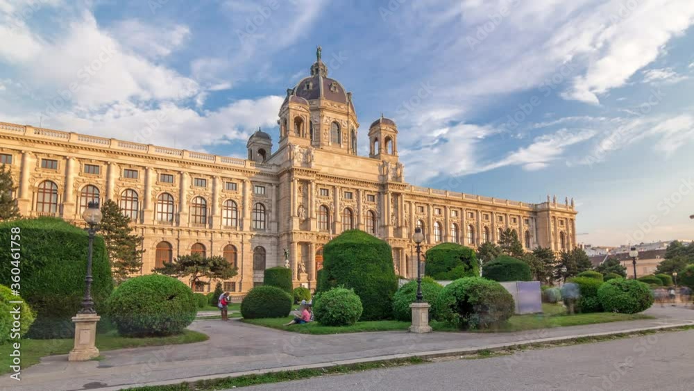 Beautiful view of famous Naturhistorisches Museum (Natural History Museum) with park and sculpture timelapse hyperlapse in Vienna, Austria. Warm light at evening Beautiful view of famous Naturhistorisches Museum (Natural History Museum) with park and sculpture timelapse hyperlapse in Vienna, Austria. Warm light at evening