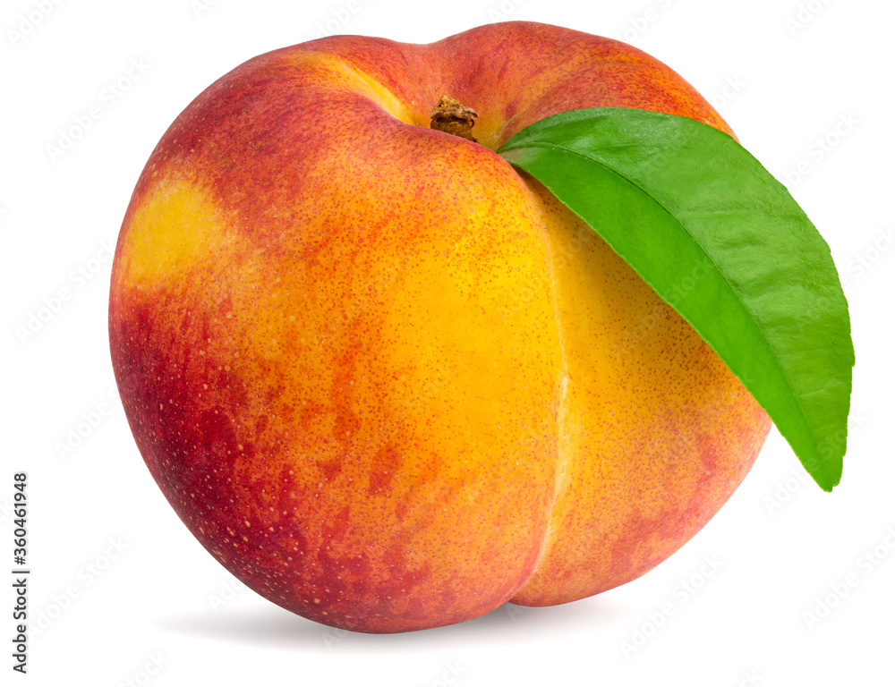 single peach fruit with green leaf isolated on white background single peach fruit with green leaf isolated on white background