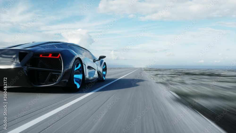 black futuristic electric car on highway in desert. Very fast driving. Concept of future. Realistic 4k animation.