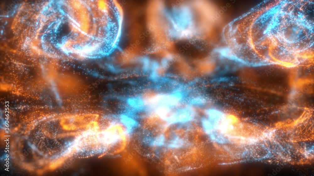 Fluid blue and orange color particles flowing beautiful with depth of field abstract background