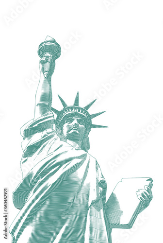 Vintage engraving of Lady Liberty from bottom view illustration