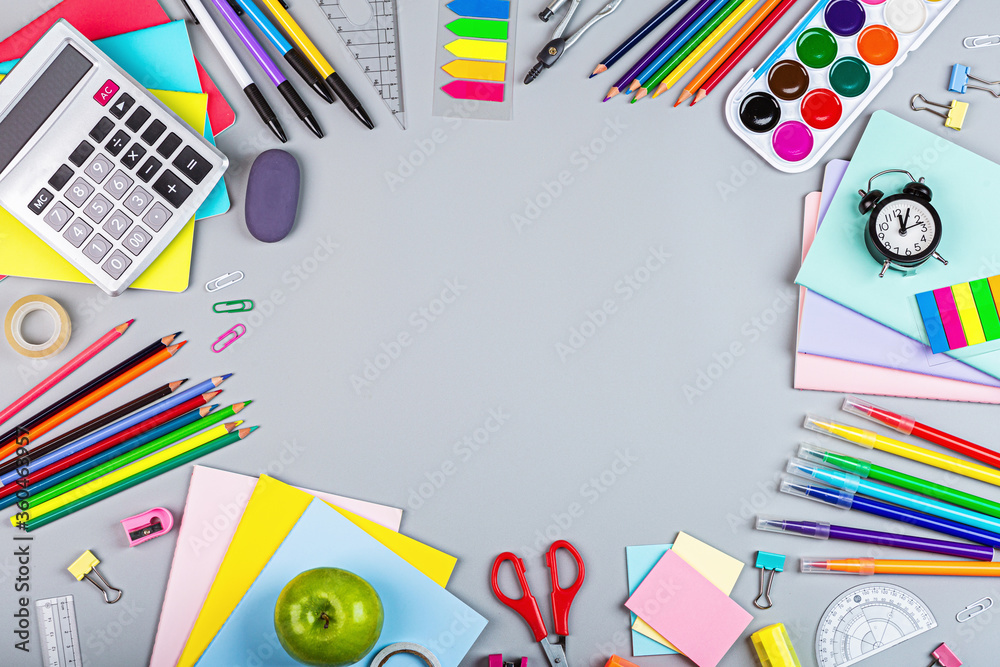 Back to School background with place for text. Collection of school supplies in a bright flat style. Educational concept. Copy space, mockup, template