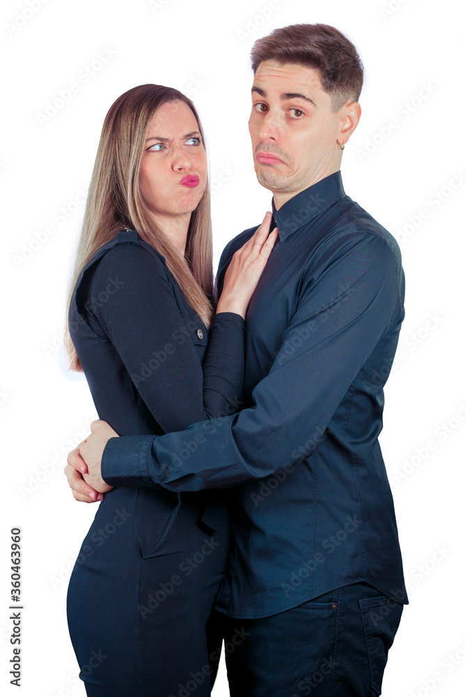 Young couple making suspicion gestures on a white background Young couple making suspicion gestures on a white background