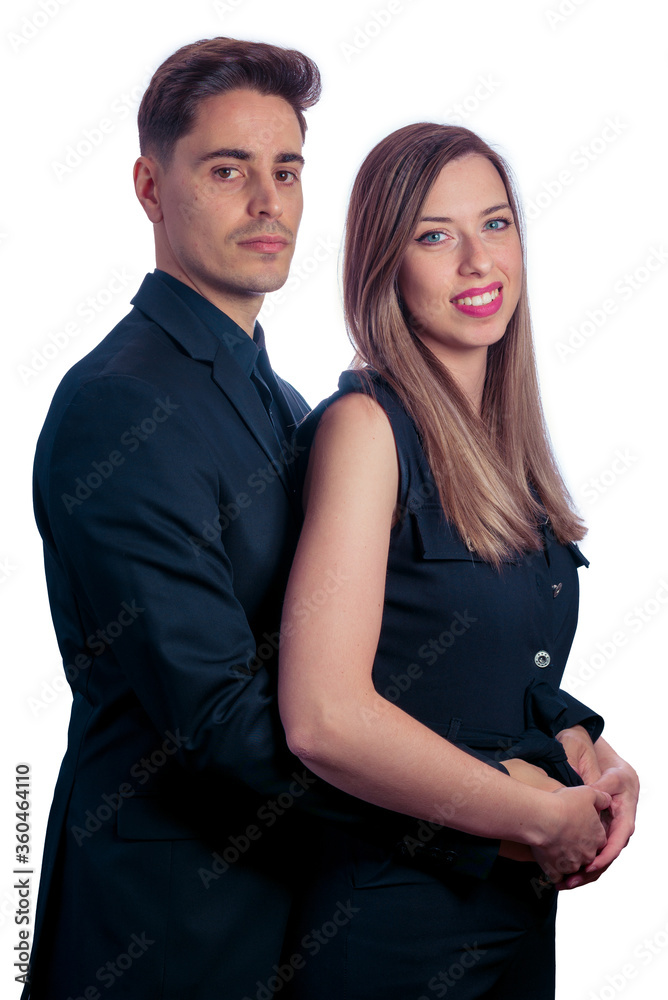 Young couple black dressed on a white background Young couple black dressed on a white background