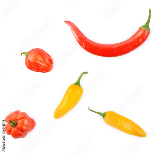 Chili peppers isolated on white background. Top view.