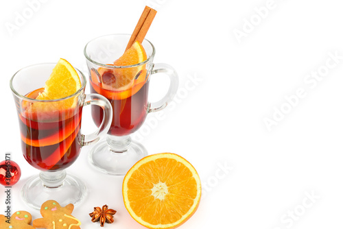 Glasses with mulled wine isolated on a white . Free space for text.