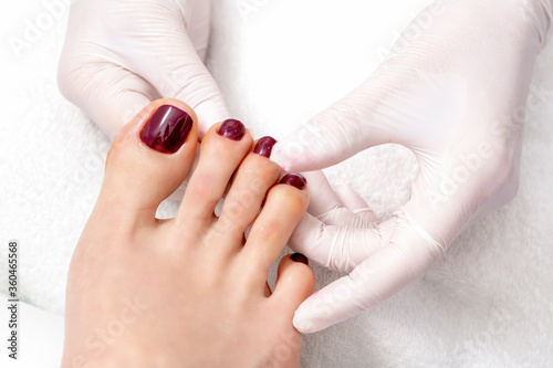 Top view of human hands in protective gloves holding woman foot with painted toenails in dark red color in eauty salon photo