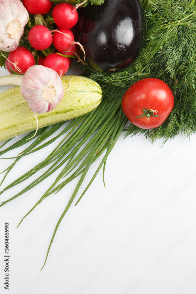 close up top view shot of a vegetable salad composition consisting of a bunch of radish, dill, parsley, green onions. aubergine eggplant, zucchini squash, ripe red tomatoes on a white background close up top view shot of a vegetable salad composition consisting of a bunch of radish, dill, parsley, green onions. aubergine eggplant, zucchini squash, ripe red tomatoes on a white background