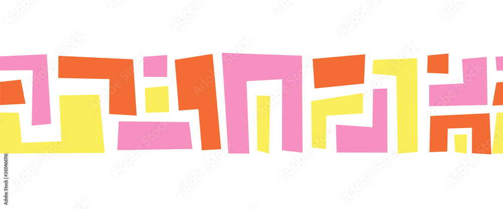 Geometric shapes pink yellow orange seamless vector border. Cute geometric collage style repeating horizontal pattern. Modern abstract art for kids decor, fabric trim, cards, ribbons, banner, footer Geometric shapes pink yellow orange seamless vector border. Cute geometric collage style repeating horizontal pattern. Modern abstract art for kids decor, fabric trim, cards, ribbons, banner, footer