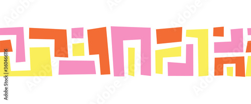 Geometric shapes pink yellow orange seamless vector border. Cute geometric collage style repeating horizontal pattern. Modern abstract art for kids decor, fabric trim, cards, ribbons, banner, footer