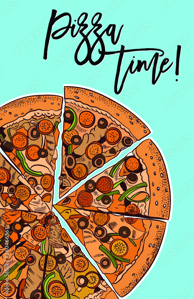 Vector slice pizza with tomato, cheese, salami illustration on blue background. Doodle top view. Hand-drawn Menu illustration, line art sketch.