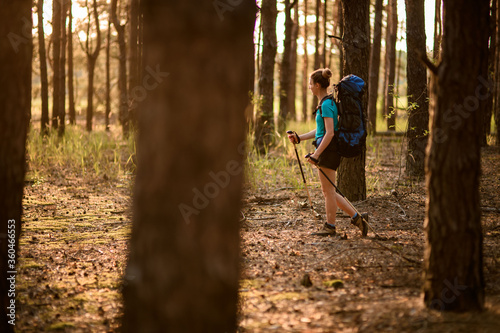 view of woman with backpack and sticks for walking in pine forest