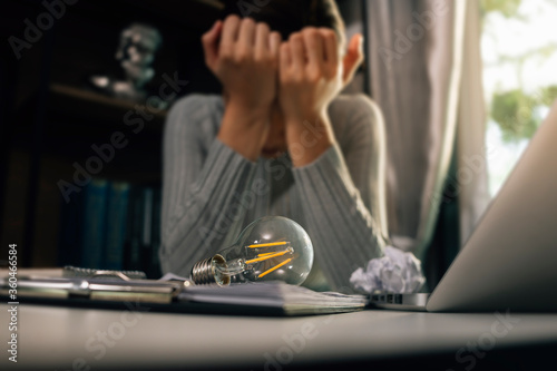 woman sit Depression and anxiety Copy space with film grain effect