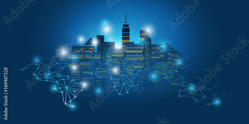 Smart City, Cloud Computing Design Concept with Wireframe and World Map - Digital Network Connections, Technology Background