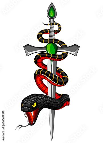 Snake and Dagger. Serpent wrapped around a sword. Vintage tattoo.