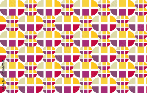 Retro curved blocks yellow and red abstract repeating pattern on white, vector illustration