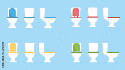 Set of toilets with closed and open lid. Front and side view. Vector illustration  © Bon_man