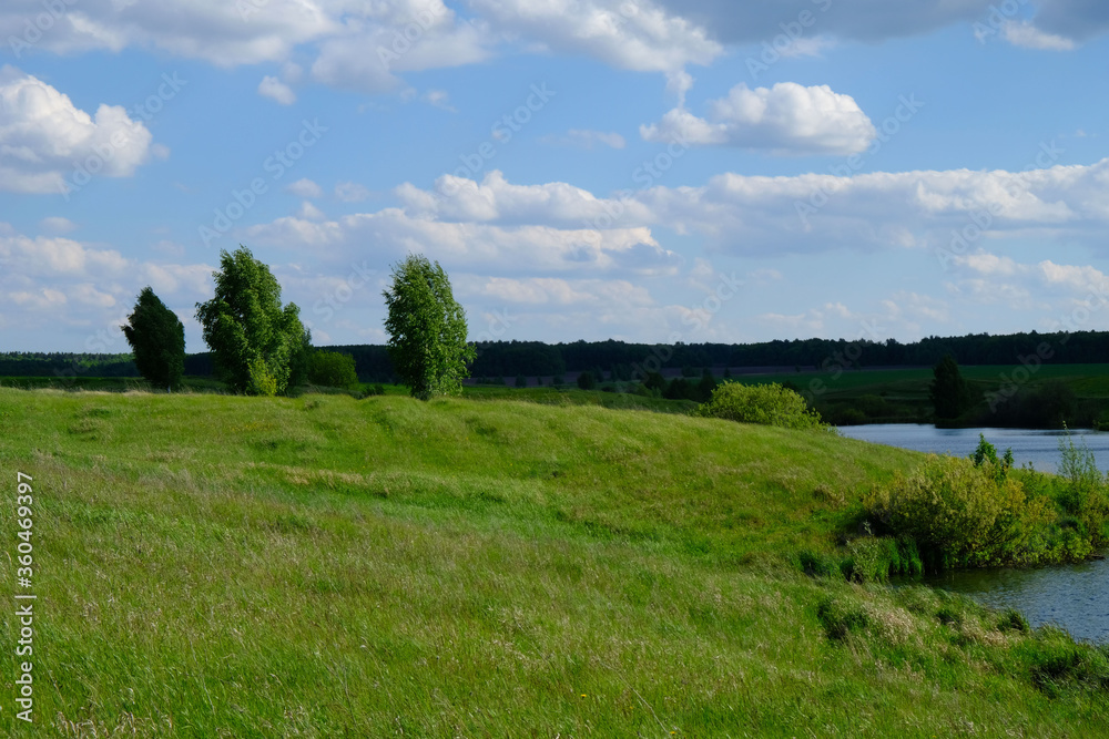Natural landscape view of the lake and green meadow against the blue sky on a sunny day.
