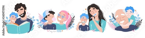 Family and childhood concept. parents hug a child. boy with best friends. an elderly man is having fun with his grandson