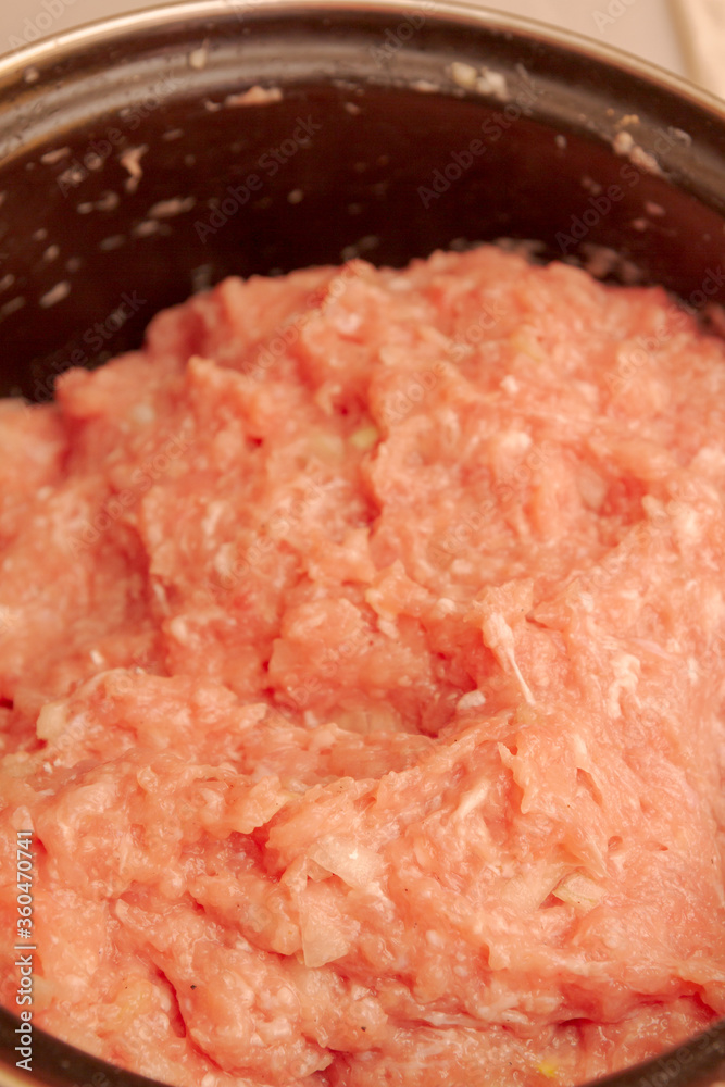 Raw minced meat prepared for making dumplings at home Raw minced meat prepared for making dumplings at home