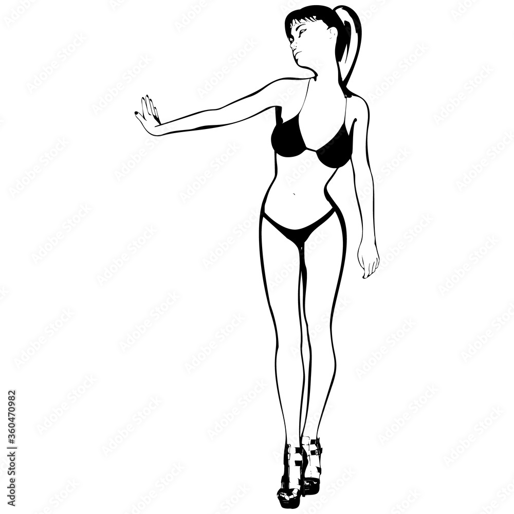 Sexy young girl in a bikini and high-heeled shoes. Woman with beautiful long legs. Isolated vector.