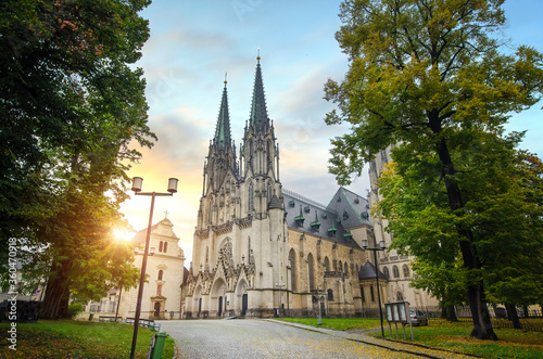 Saint Wenceslas Cathedral, a gothic cathedral at Wenceslas square in Olomouc, Czech Republic at sunset. The seat of the Roman Catholic Archdiocese of Olomouc. Top sightseeing and landmark.